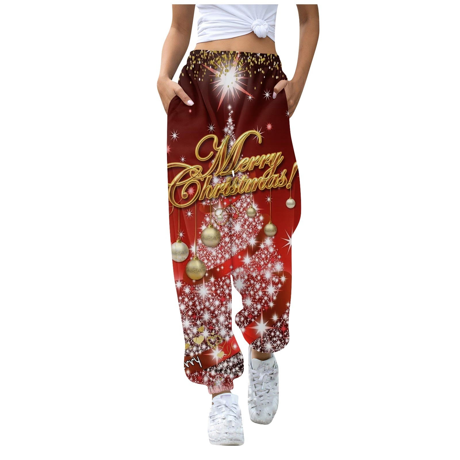 Susanny Christmas Sweat Pants Women Tree Plus Size High Waisted Funny