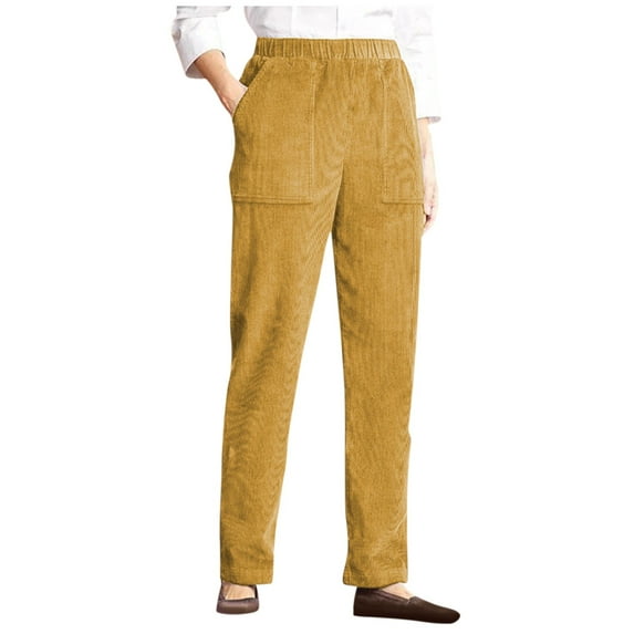 Susanny Petite Corduroy Pants for Women Elastic Waist Straight Leg High Waisted Pull on Pants Slacks Cargo Winter Fall Trousers Yellow L