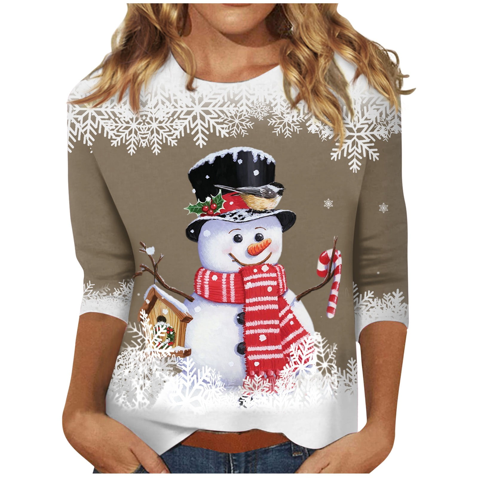 Susanny Cute Christmas Tops for Women Snowman Crew Neck Elbow Trendy