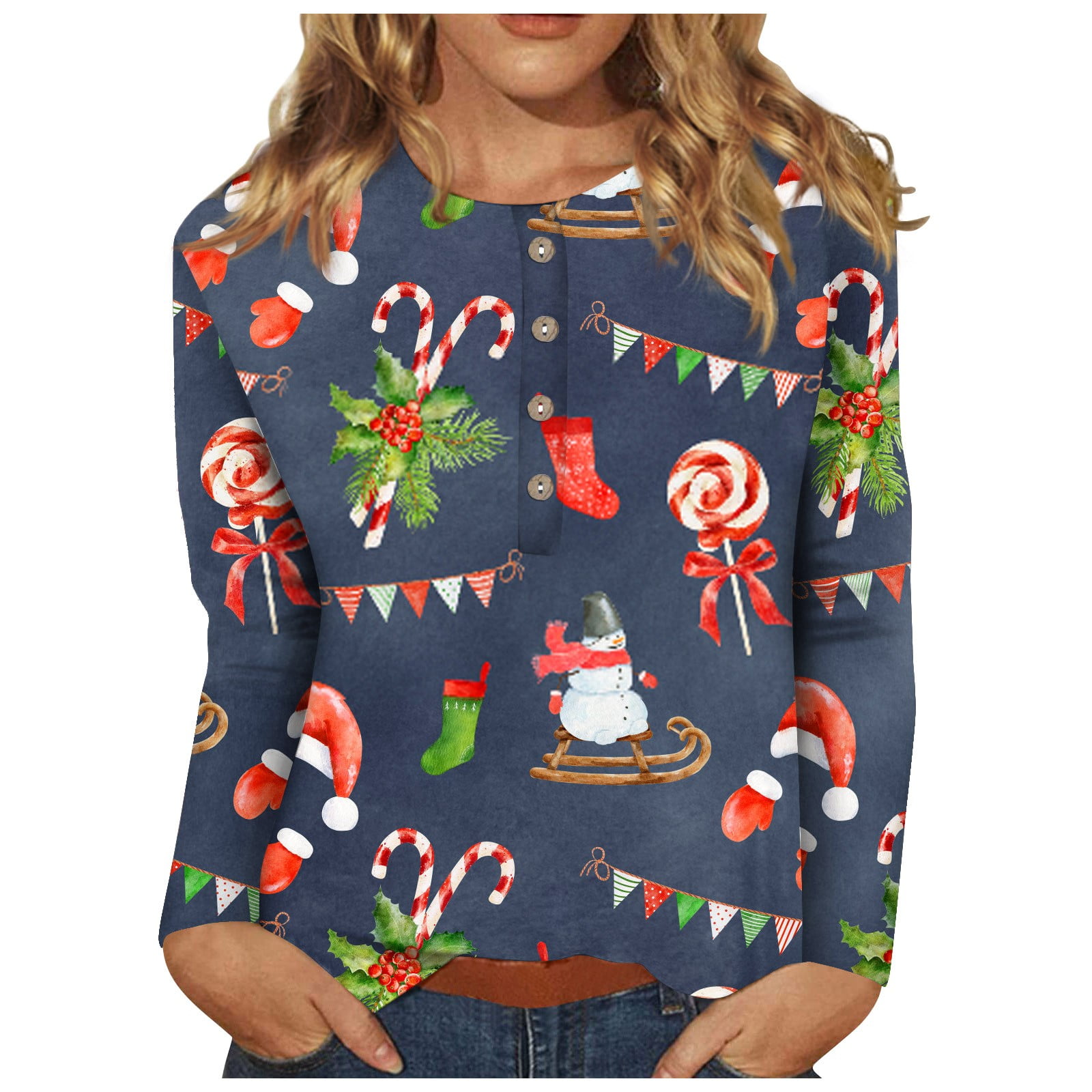 Susanny Dressy Christmas Tops for Women Tree Print Slim Fit Crew Neck