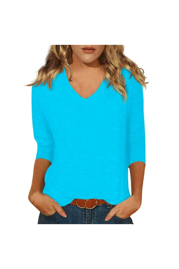 Dressy Tops for Weddings Elbow 3/4 Length Sleeve V Neck Workout Shirts for Women Plus Size Floral Half Sleeve Womens Compression Shirt Dress Blouses Women Sky Blue 2XL