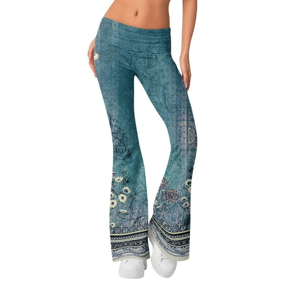 Susanny Womens Yoga Pants with Pockets High Waisted Pants Floral Wide Leg Flare Yoga Pants Boot Cut Yoga Leggings Pants Work Pants Cyan M
