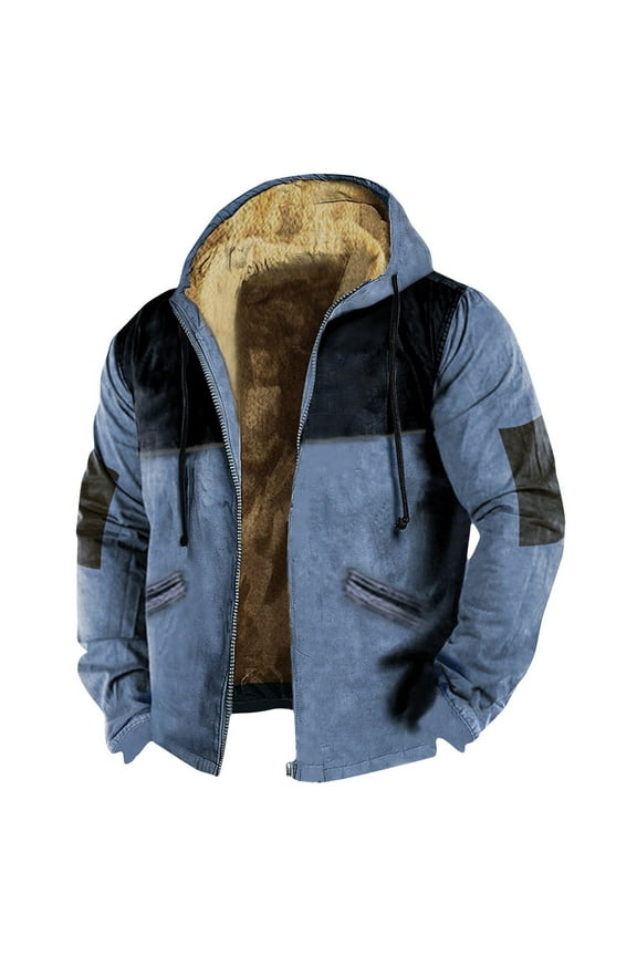 Fleece Lined Coat Men Winter Sherpa Zip Up Distressed Hooded Western Denim Jacket Flannel Pockets Drawstring Tactical Cargo Biker Work Jackets Blue XL