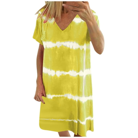 Susanny Goth Dress for Women Short Sleeve Shift Striped Tshirt Plus Size Midi Dress Knee Length V Neck Plus Size Womens Sundresses Yellow L
