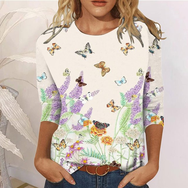 3/4 Length Sleeve Womens Tops Summer 2025, Womens Tops Trendy Summer Spring Tops Women Cotton Short Sleeve Shirts Women Trendy 2025 Women S Clothing S