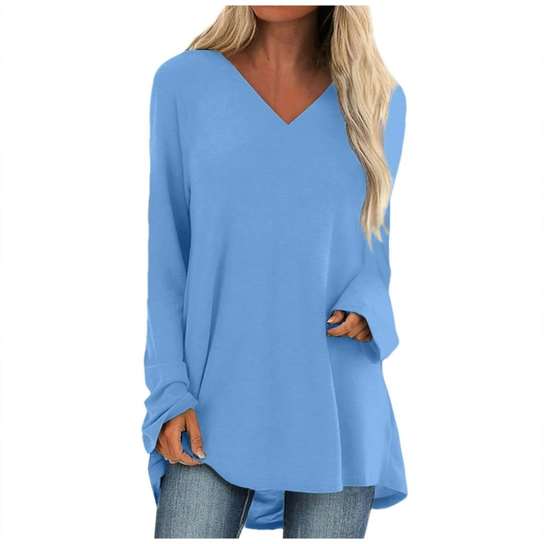 Susanny Light Blue Dressy Tops for Women Loose Fit Solid Color Going Out Tunic Tops V Neck Long Womens T Shirts Loose Fit Long Sleeve Fall Blouses M Walmart