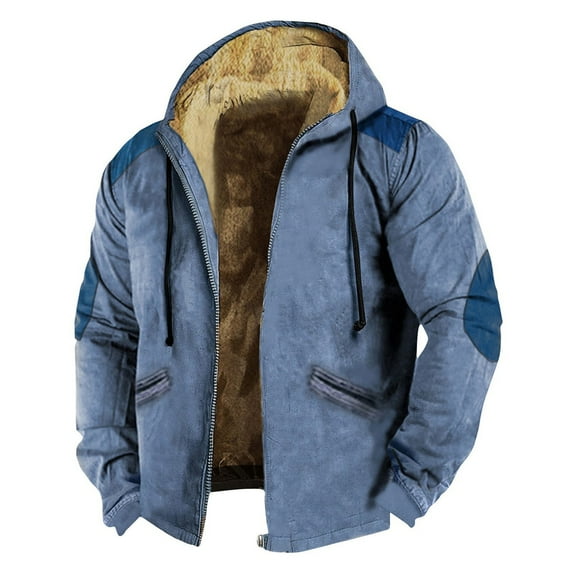 Susanny Winter Jackets for Men Big and Tall Western Pockets Hooded Zip Up Distressed Denim Jacket Flannel Sherpa Fleece Lined Casual Oversized Military Denim Clearance Coat Blue 2XL