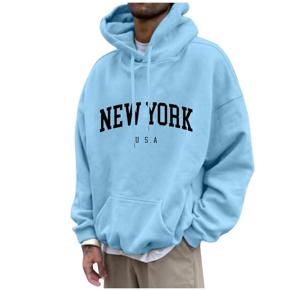 Susanny Mens Warm Sweatshirt New York Letter Print Long Sleeve with Pocket Graphic Hooded Hoodies Winter Lightweight Y2k Pullover Cute Funny for Teens Sweater Sky Blue L