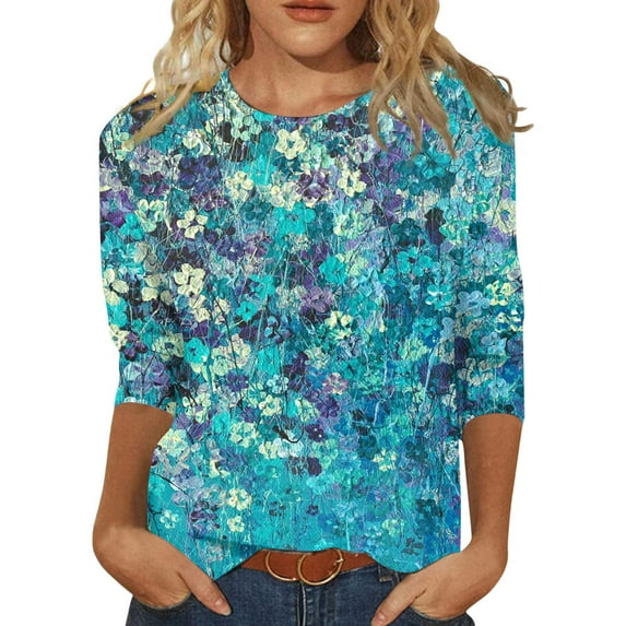 Susanny New Womens Tops Summer Elbow 3/4 Length Sleeve Slim Fit Plus Size T Shirts Crew Neck Floral Shirts and Tees Plus Size Blouses for Women Dressy Sky Blue XL