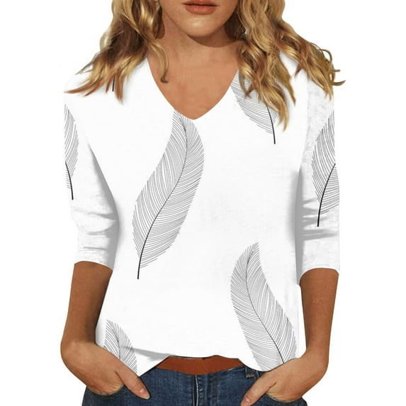 Susanny Work Blouses Women Feather Half Sleeve Tshirt for Women Plus Size V Neck Elbow 3/4 Length Sleeve Summer Shirts for Plus Size Women Plus Size Boho Tops for Women Gray XL