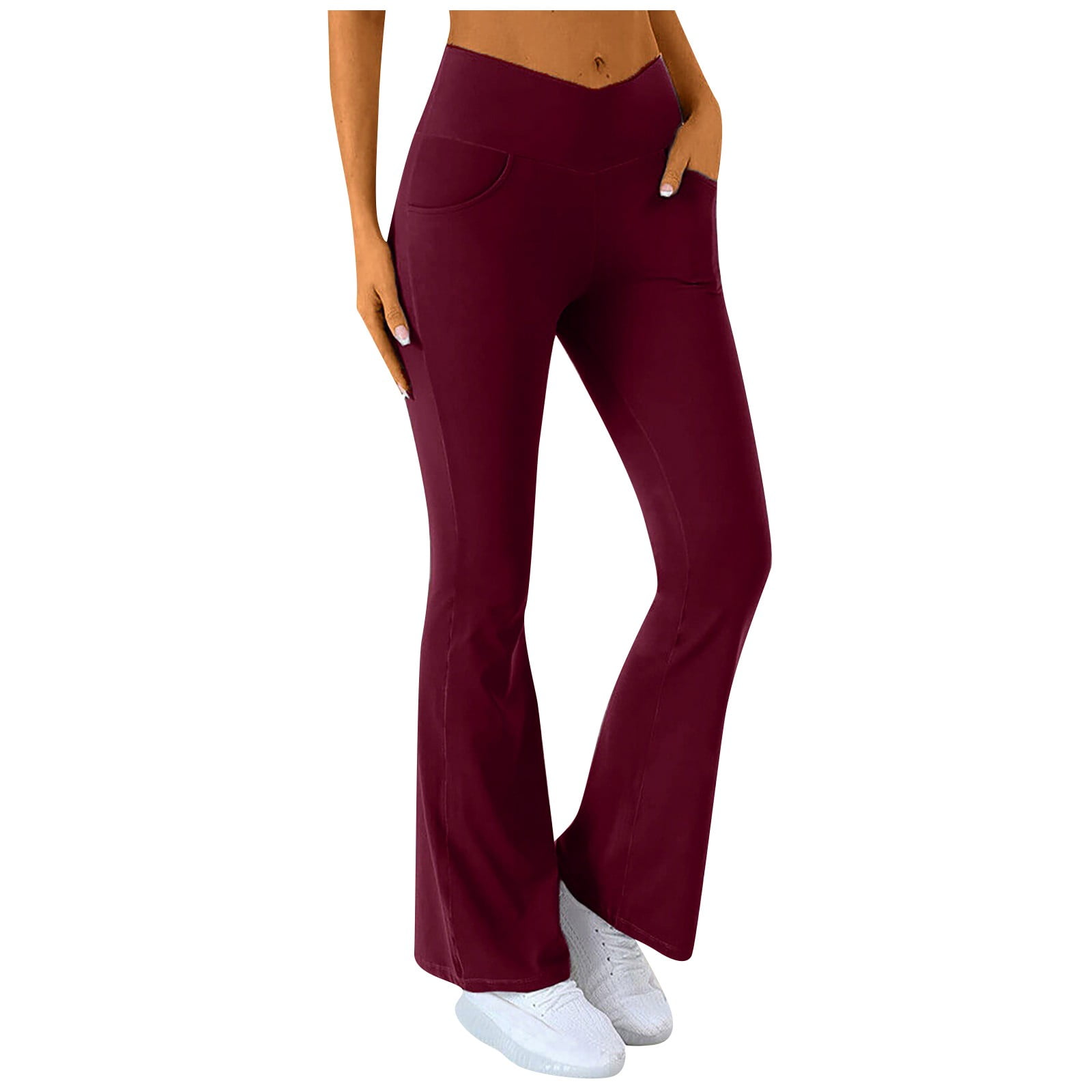 Susanny Petite Flare Leggings for Women Crossover Yoga Pants Tummy Control  High Waisted Workout Full Length Comfy Bell Bottom Casaul Pants Wine S