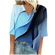 SUSANNY Plus Size 3/4 Sleeve Shirts Gradient V Neck Womens Tee Shirts Elbow Half Sleeve Women Tops Dressy Casual Summer Womens Blouses for Work Professional Sky Blue 3XL
