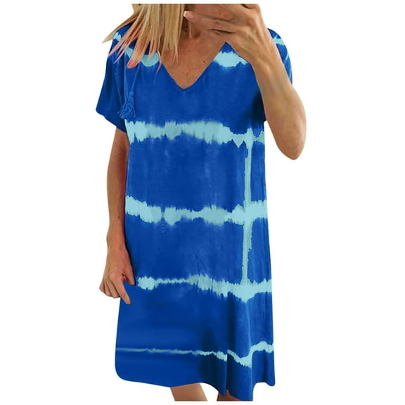 Susanny Plus Size Spring Dresses for Women Short Sleeve Striped V Neck T-Shirt Dresses 2023 Casual Midi Shift Knee Length Sun Dresses Blue 5XL