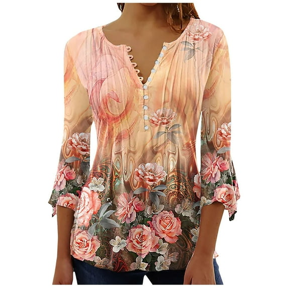 Susanny Plus Size Tops Women Button Down Pleated Summer Shirts for Women Clearance Flowy Floral Fitted Blouses for Women Flare Elbow 3/4 Length Sleeve Dressy Tunic Tops Women Orange L