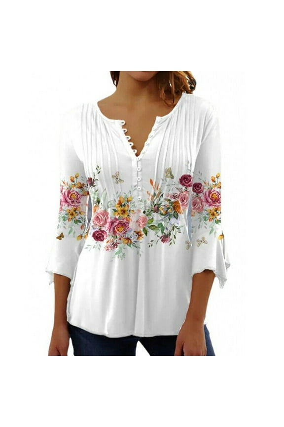 Plus Size Women Shirts and Blouses Pleated Button Down Boho Tops for Women 2023 Floral Flowy Ladies Blouses and Tops Petite Flare Elbow 3/4 Length Sleeve Dressy Tunic Tops for Women White XL