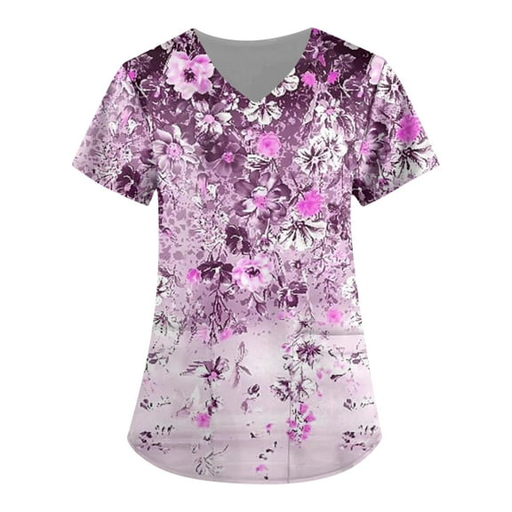 Susanny Print Scrub Tops Women Floral Graphic Short Sleeve with Pockets Scrub Tops Print Nurse Uniform Fitted Printed Fun Scrub Shirts Purple 3XL