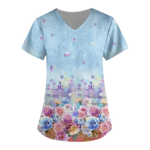 Susanny Print Scrub Tops Women Floral with Pockets Graphic Print Scrubs Tops Nurse Uniform Short Sleeve Petite Printed Clearance Scrub Shirts Sky Blue XL