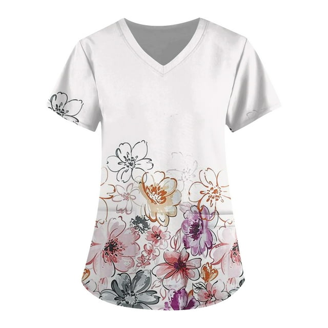 Susanny Print Scrub Tops Women Floral Short Sleeve Nurse Uniform with Pockets Scrub Tops Print Graphic Fitted Plus Size Work Scrub Shirts White S