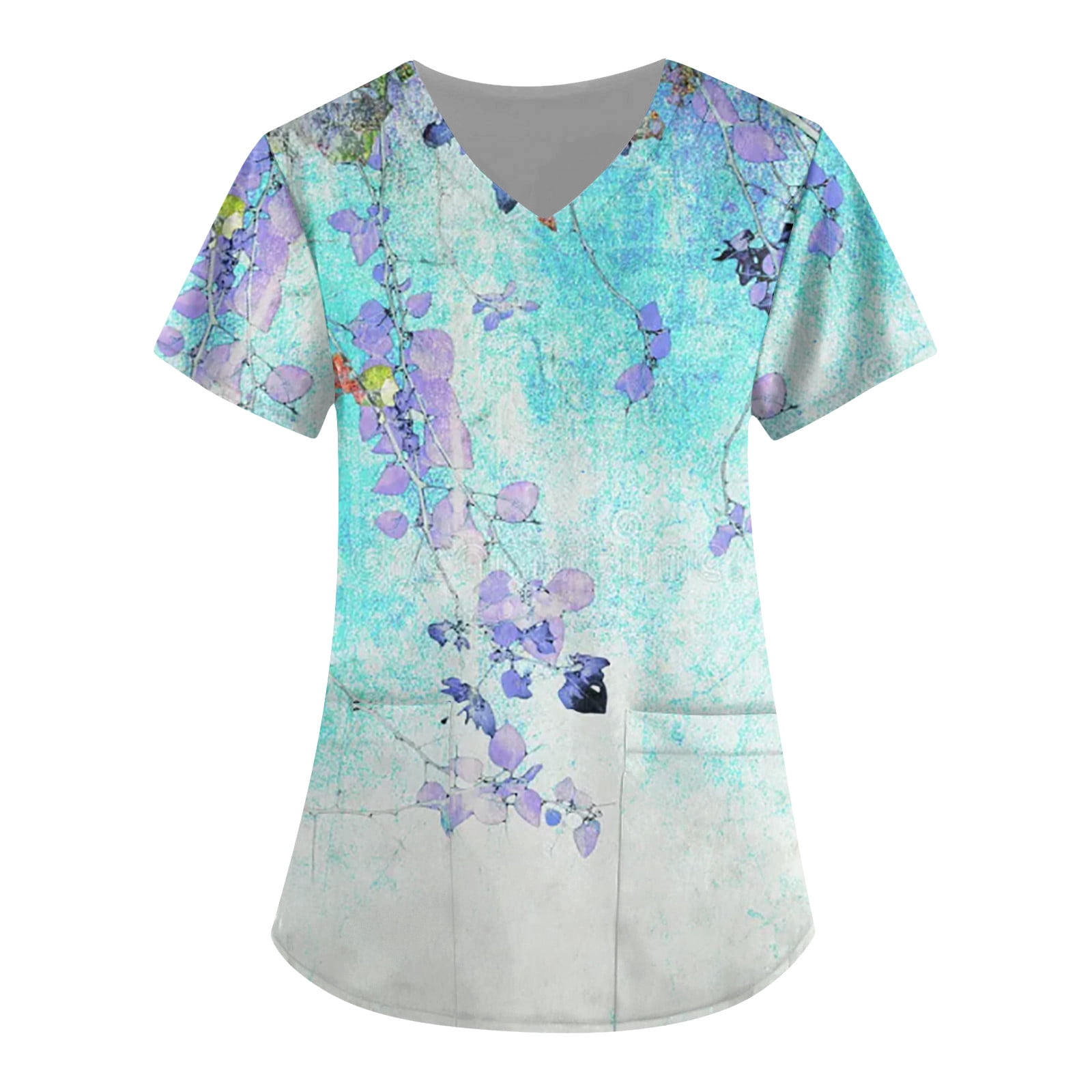 Susanny Print Scrub Tops Women Floral with Pockets Short Sleeve Print