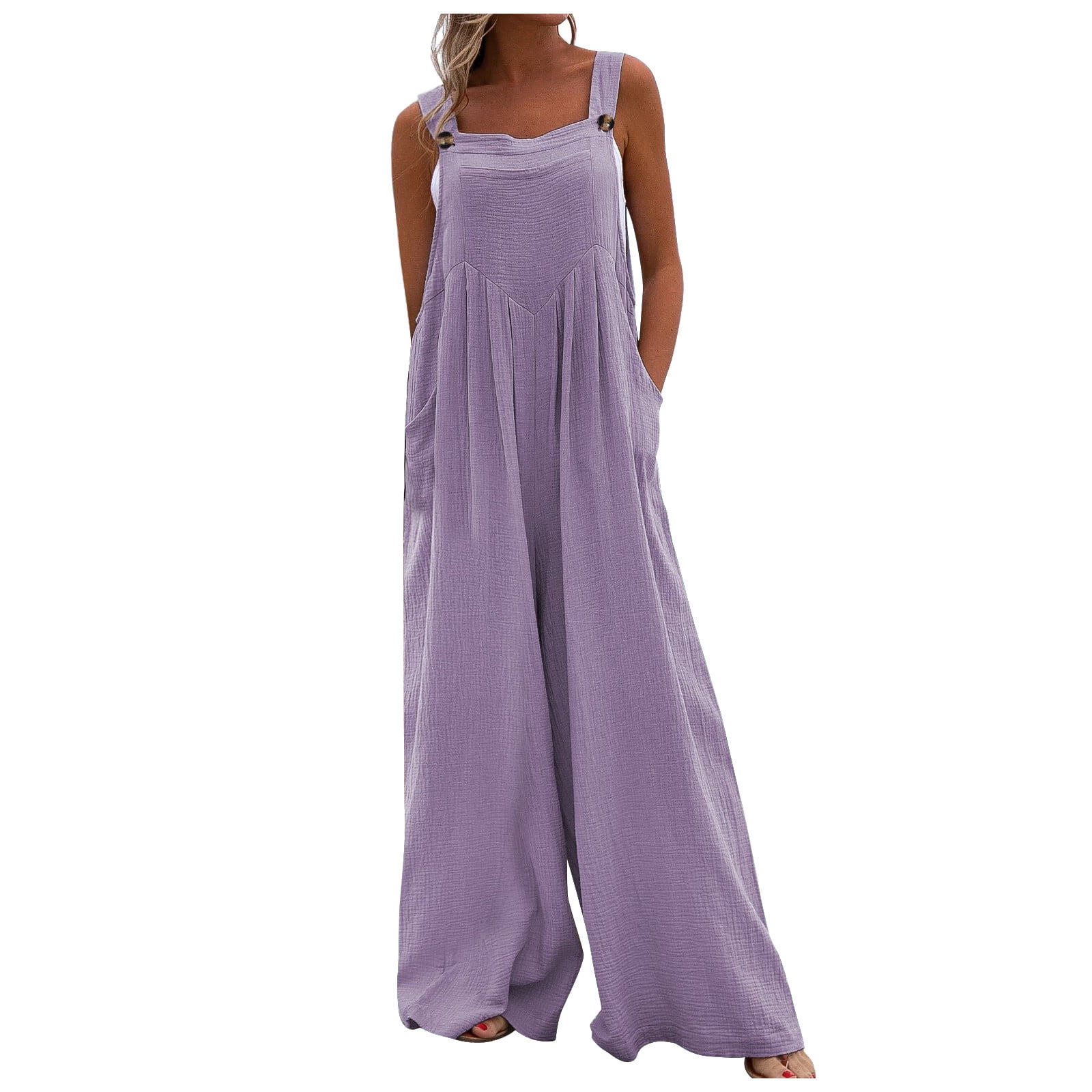 Susanny Purple Jumpsuit Costume Button Loose Suspenders with Pockets