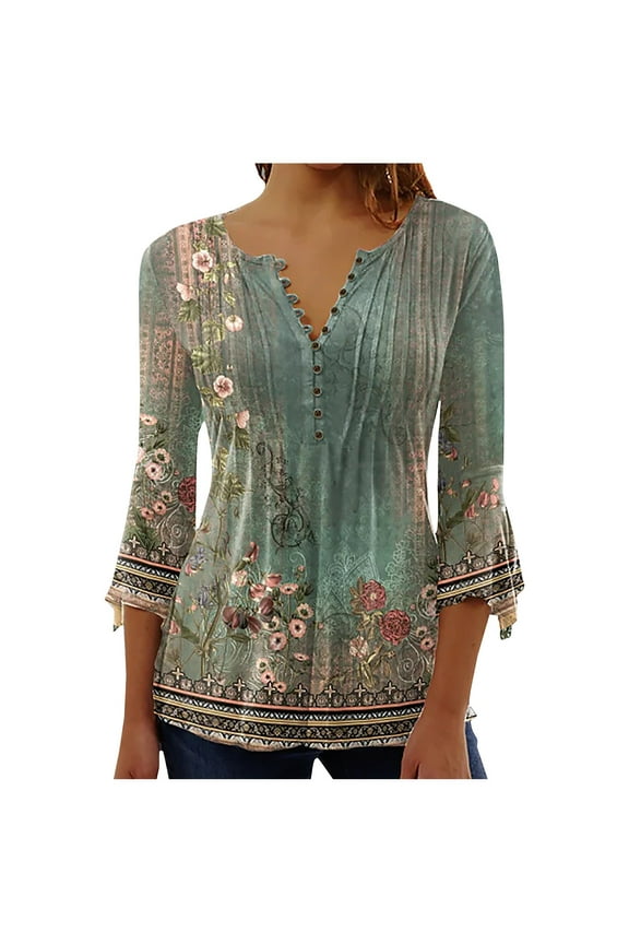 Ladies Summer Tunics Floral Flare Elbow 3/4 Length Sleeve Shirts for Women Trendy Button Down Flowy Dressy Womens Tops Plus Size Pleated Ladies Work Tops Mint Green S