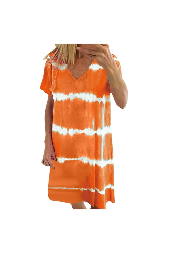 Spring Dresses for Women 2023 Plus Size Short Sleeve Striped Knee Length Tshirt Work Dresses Midi Shift V Neck Sun Dresses Casual Orange 2XL