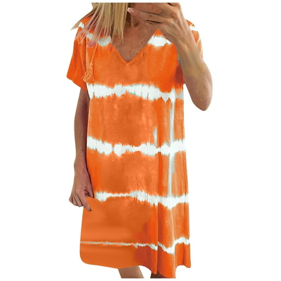 Susanny Spring Dresses for Women 2023 Plus Size Short Sleeve Striped Knee Length Tshirt Work Dresses Midi Shift V Neck Sun Dresses Casual Orange 2XL
