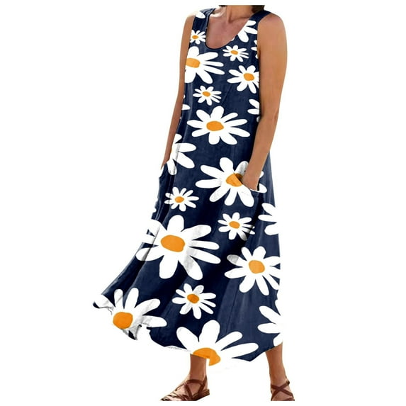 Susanny Spring Plus Size Dresses Floral Flowy Sundresses for Women Maxi Boho Tank Long Casual Dresses for Women Sleeveless Cotton Linen Womens Sundresses with Pockets Royal Blue L