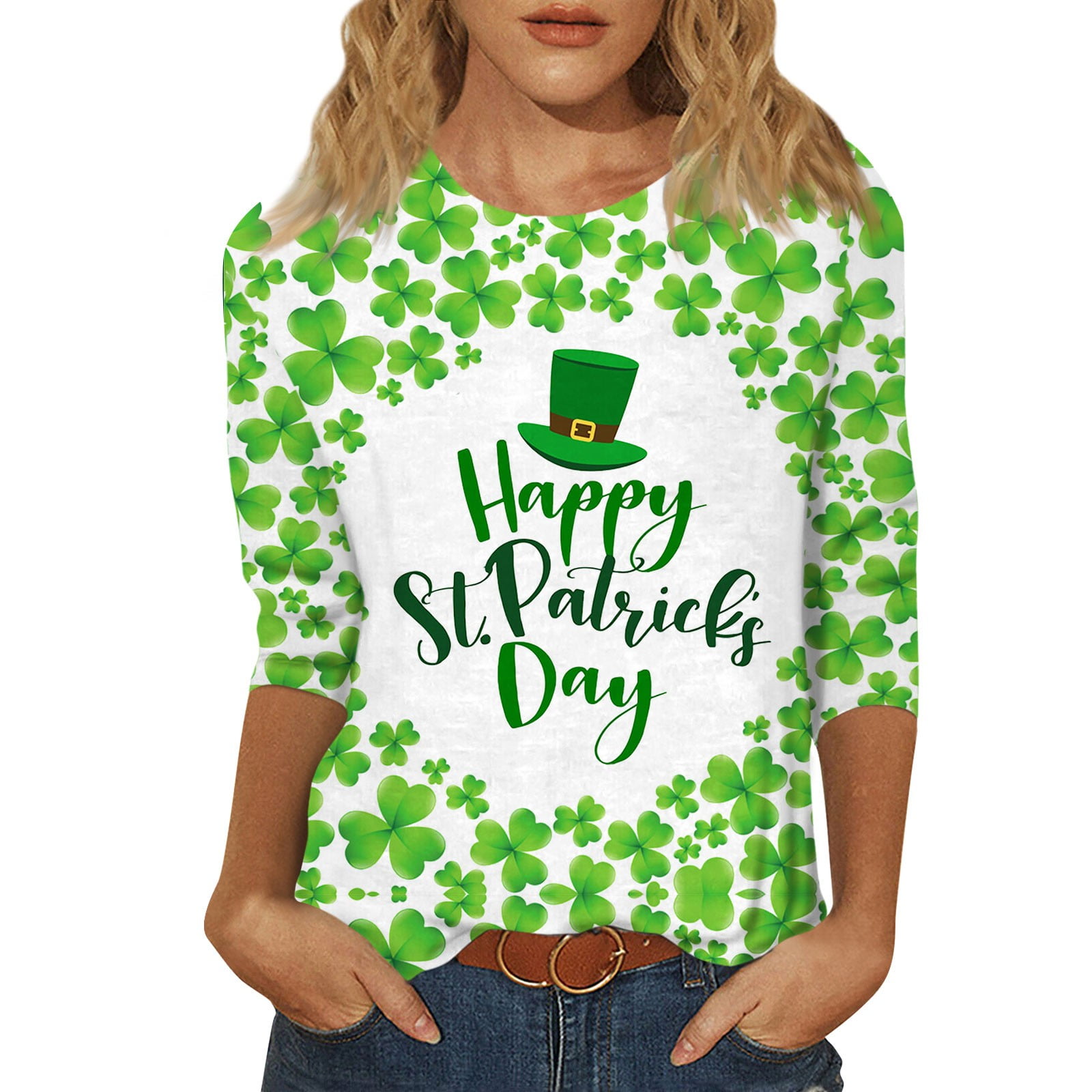 Susanny St Patricks Day Shirts Women Plus Size 34 Sleeve Crew Neck Lucky Shamrock Clover Green 4345