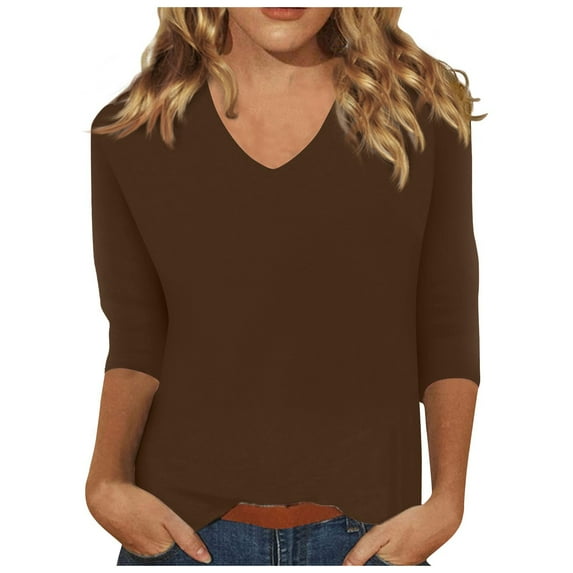 Susanny Summer Shirts Women Half Sleeve Elbow 3/4 Length Sleeve Oversized T Shirts for Women V Neck Floral Basic Tops Women Women Blouses and Shirts Clearance Brown XL
