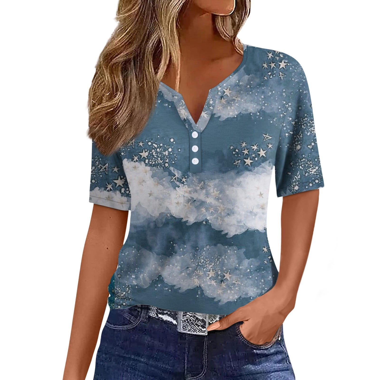 Susanny Summer Tops For Women Marble Print Henley Short Sleeve Button Down Shirts Cute Petite Tunic Tops Plus Size Trendy Blouses Royal Blue S