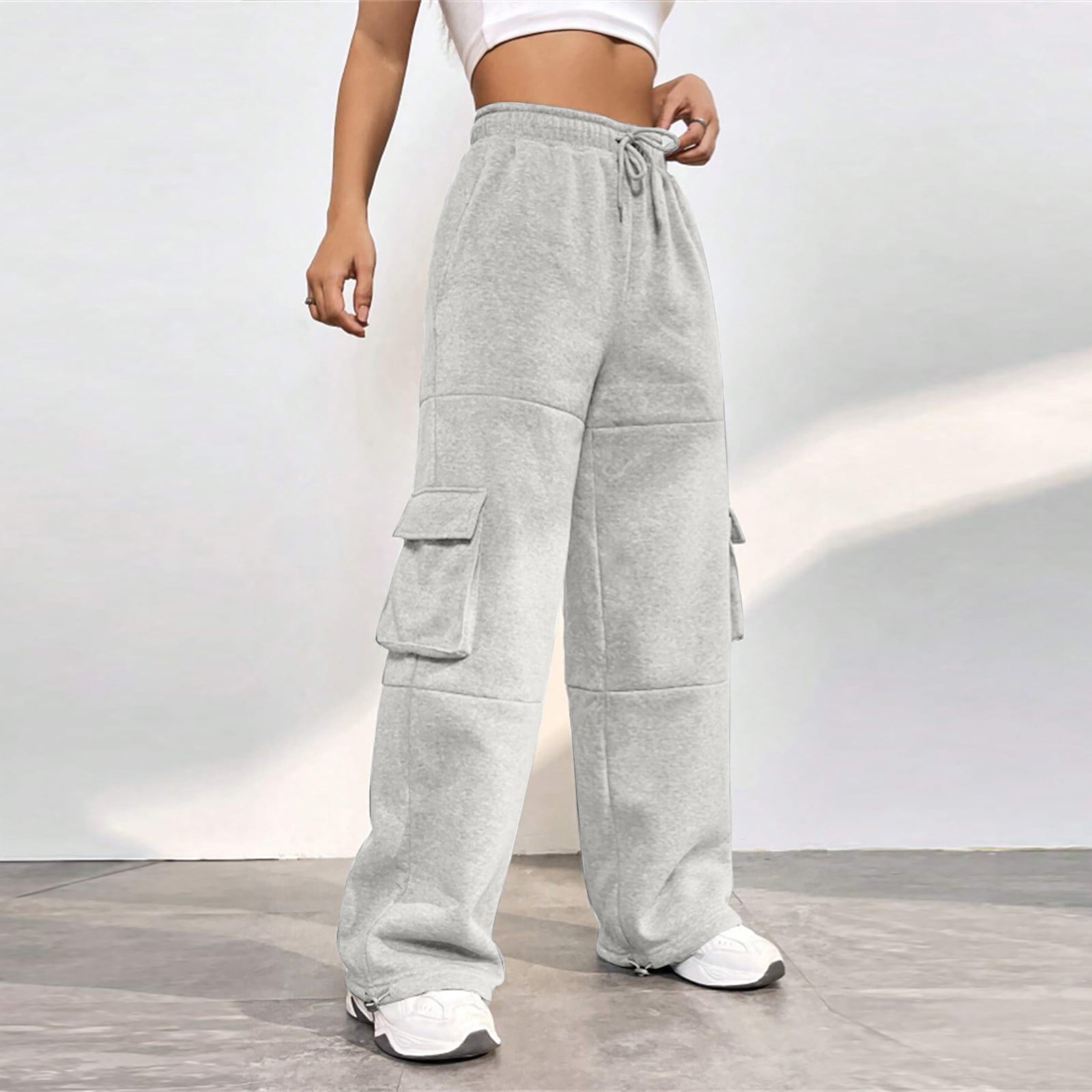 Women Light Grey Adjustable Drawstring Cuffs Joggers Casual Sweatpants