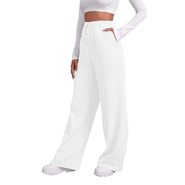 Susanny Sweatpants for Womens Juniors Wide Leg High Waisted Drawstring Straight  Leg with Pockets Elastic Waist Sweatpants Workout Cute Jogger Pants  Athletic Winter Baggy Pants White XL 