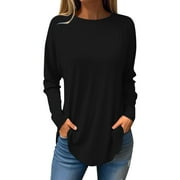 Susanny T Shirts for Women Graphic Long Sleeve Long Yoga Tops Slim Fit Solid Color Mom Shirts Crew Neck Dressy Womens Tunic Tops To Wear with Leggings Black L