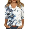thumbnail image 1 of Susanny Three Quarter Sleeve Tops for Women V Neck Half Sleeve Plus Size T Shirts Elbow 3/4 Length Sleeve Floral Business Shirts Summer Summer Blouses Plus Size Blue L, 1 of 4