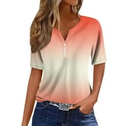 Susanny Tie Dye Ladies Tee V-Neck Shirt Button Short Sleeve Blouse Print Tshirt Basic Regular 2024 Tunic Spring Dressy Tops Beige 3XL