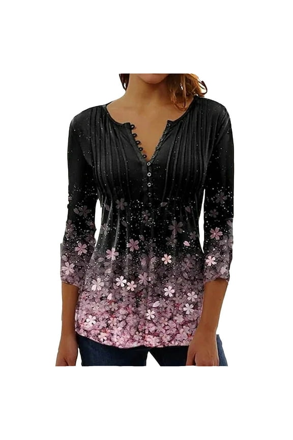 Womens Maternity Tops Plus Size Flare Elbow 3/4 Length Sleeve Flowy Business Casual Shirts Women Pleated Button Down Summer Office Blouses Professional Floral Tunic Tops Women Black M