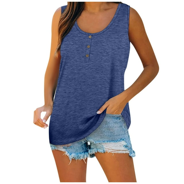 Susanny Tunic Tshirts for Women Henley Sleeveless Loose Tank Tops Athletic Button Down Flowy Casual Work Shirt Women's Summer Clothes Blue 2XL