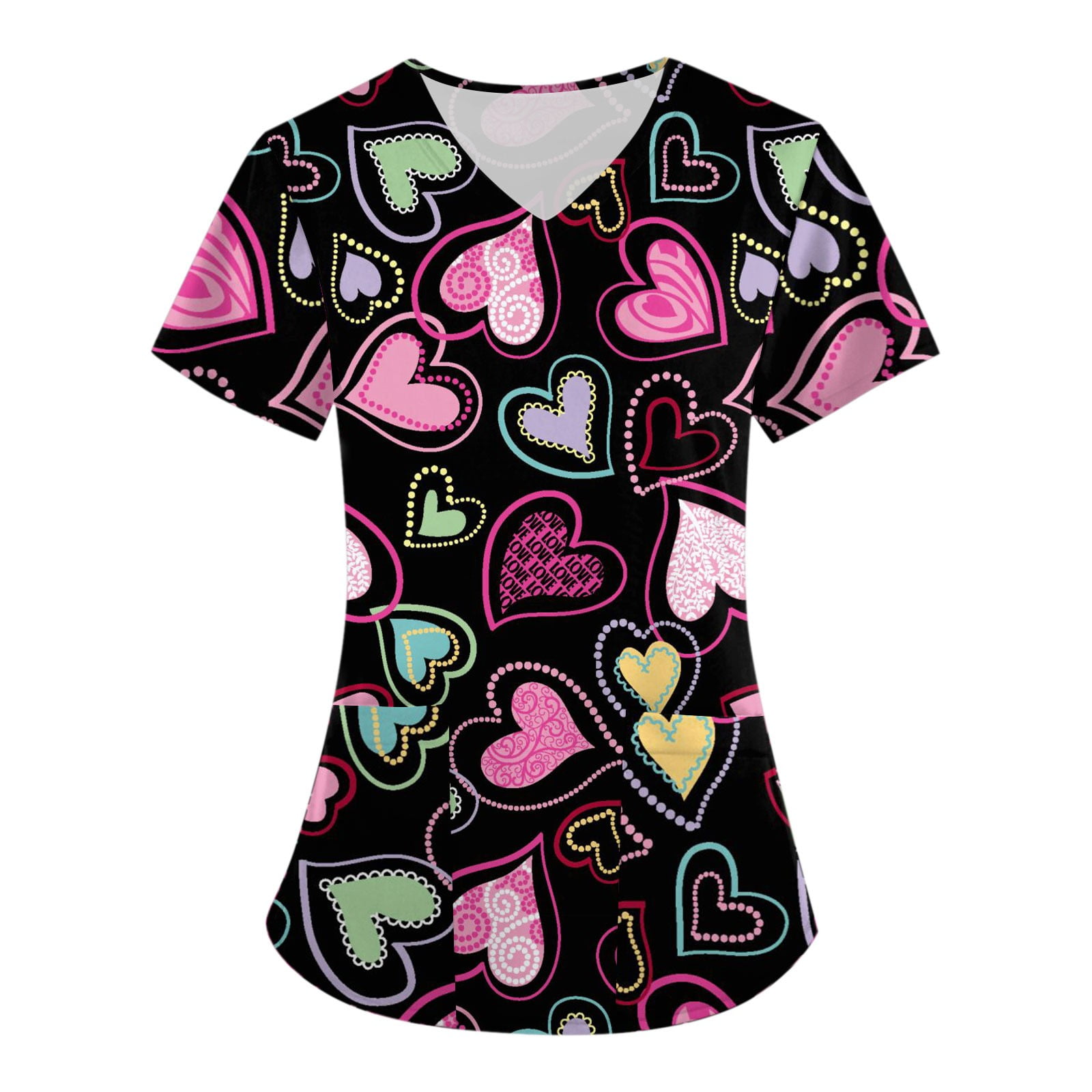 Susanny Valentines Day Holiday Scrubs with Pockets Red Heart Print Love Short Sleeve V Neck