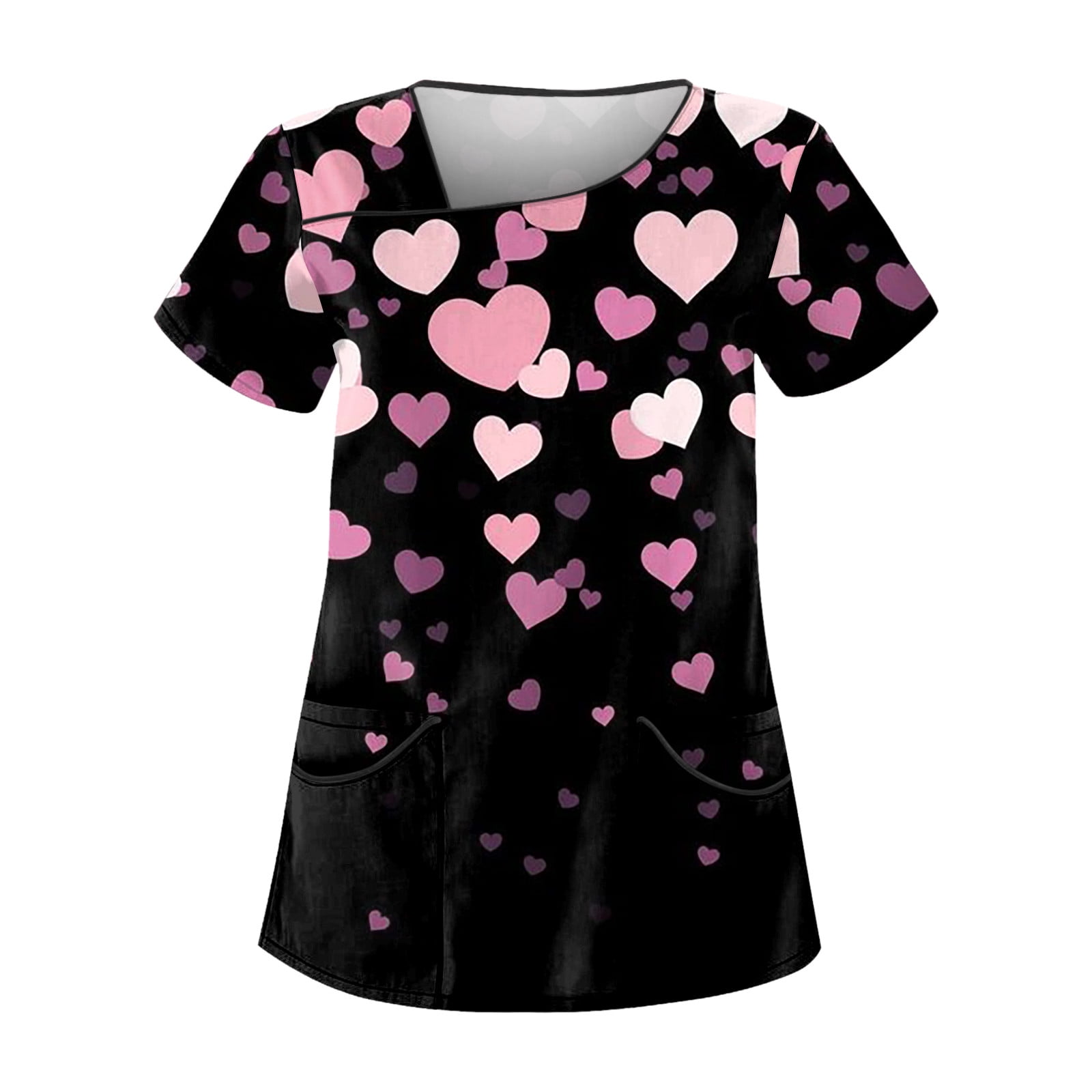 Susanny Valentines Day Print Scrub Tops V Neck Love with Pockets
