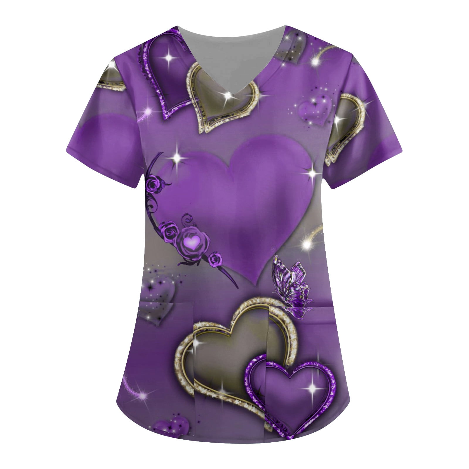 Susanny Valentines Day Scrub Tops Women Print with Pockets Graphic Short Sleeve Red Heart Print