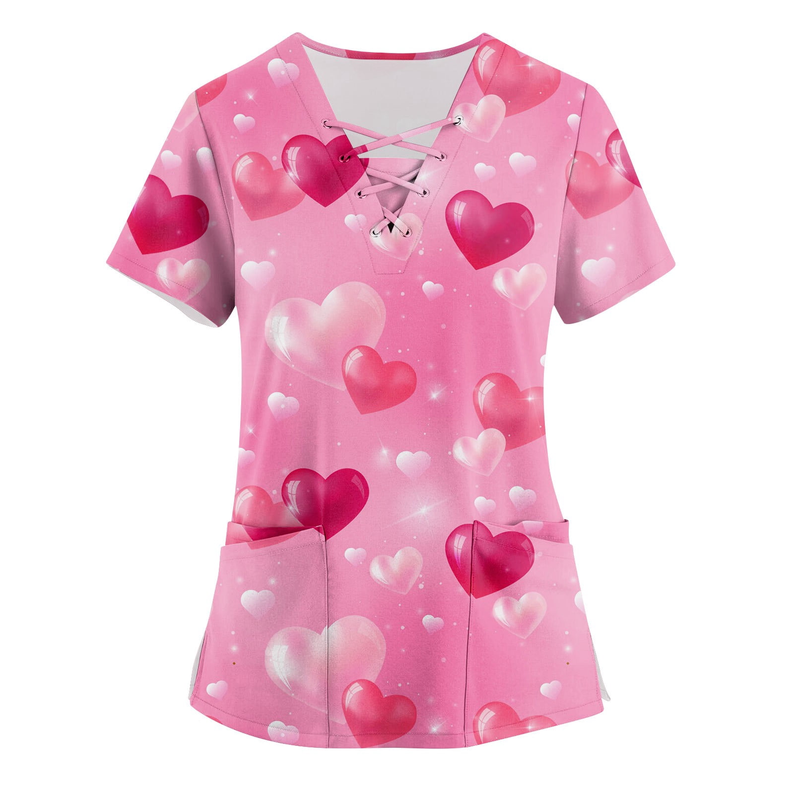 Susanny Valentines Day Scrub Tops Women V Neck Red Heart Print with Pockets Love Short Sleeve