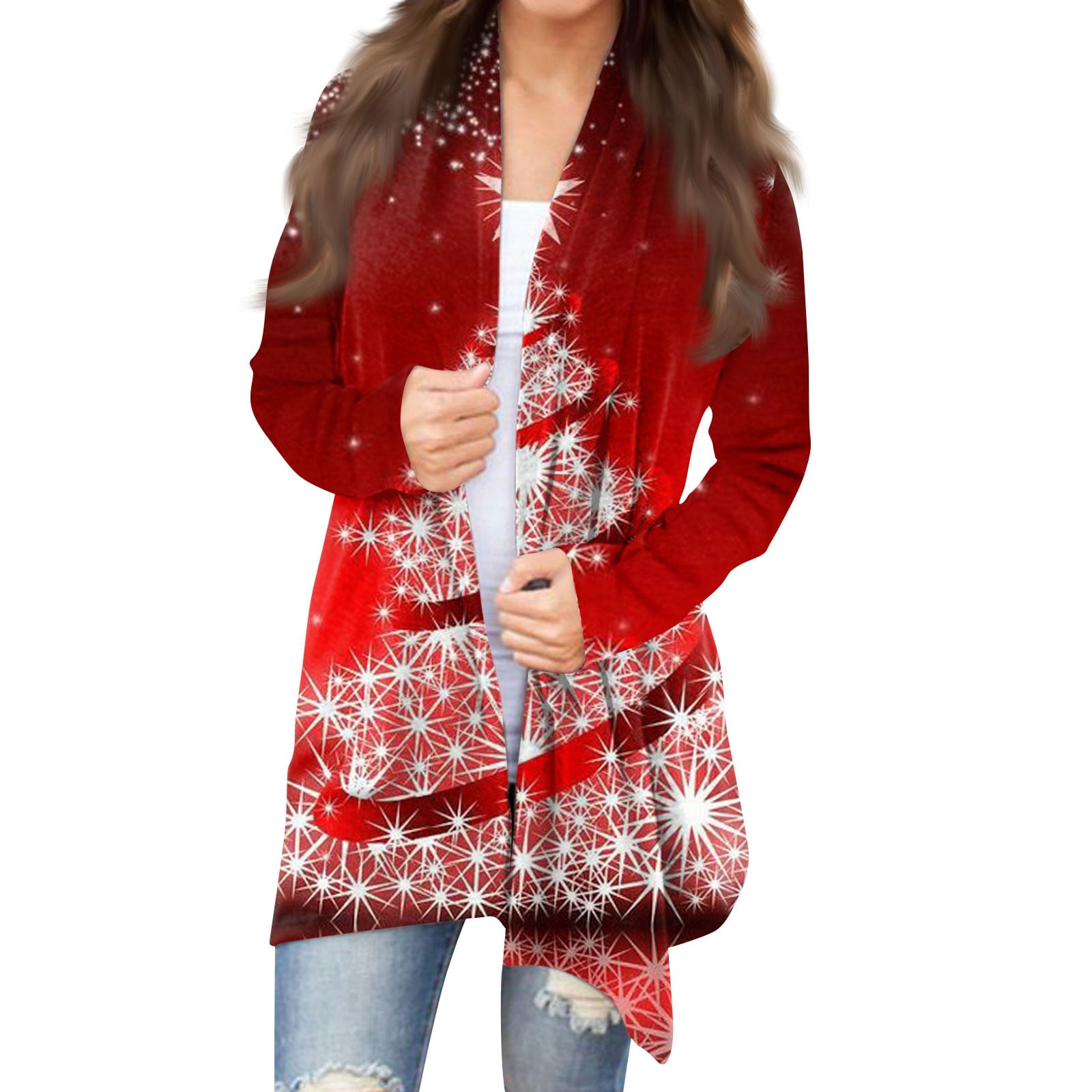Susanny Vintage Christmas Cardigan for Women Christmas Tree Print Lightweight Open Front Cute