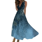 Susanny Women Plus Size Sleeveless Deep V Neck Loose Plain Long Maxi Casual Dress Blue XL
