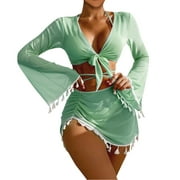 Susanny Women's 4pack Halter Triangle Bikini Swimsuit with Tassel Cover Up Set Green S