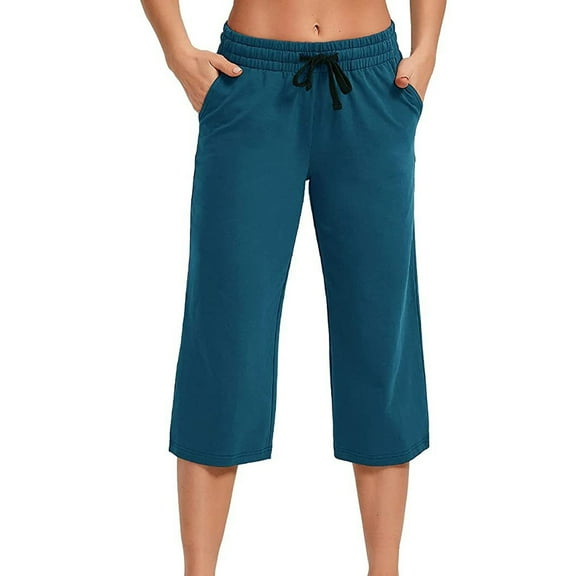 Susanny Women's Drawstring Cropped Gym Pull on Capris Loose Gaucho Low Waist Capri Pants Petite with Pockets Crop Pants Blue L