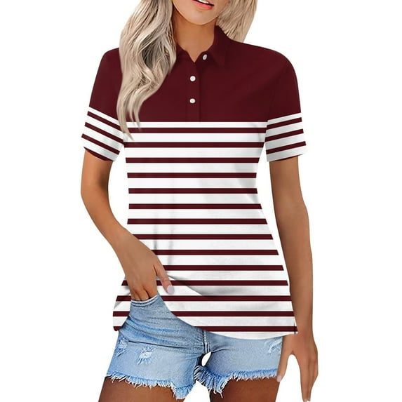Susanny Women's Golf Polo T Shirts Color Block Striped Lightweight Moisture Wicking Short Sleeve Shirt Quick Dry 3-Button Wine L