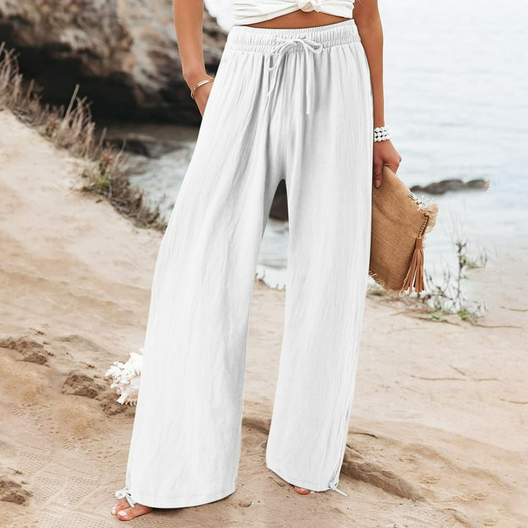 White Women Causal Palalzzo Linen Pants 2866