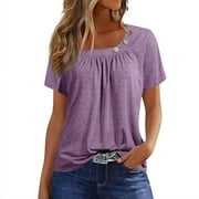 Susanny Women's T-Shirts Dressy Button Down Tunic Y2K Tops Short Sleeve Solid Blouses Henley V Neck Summer Cute Clothes Purple 2XL