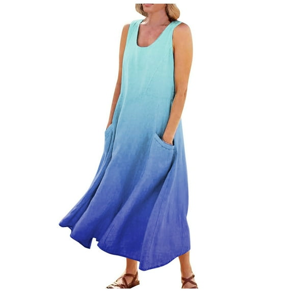 Susanny Womens Boho Dresses Cotton Linen Floral Maxi Dress for Women Beach Vacation Tank Long Dress for Women Sleeveless Flowy Plus Size Ladies Sundresses with Pockets Blue 5XL